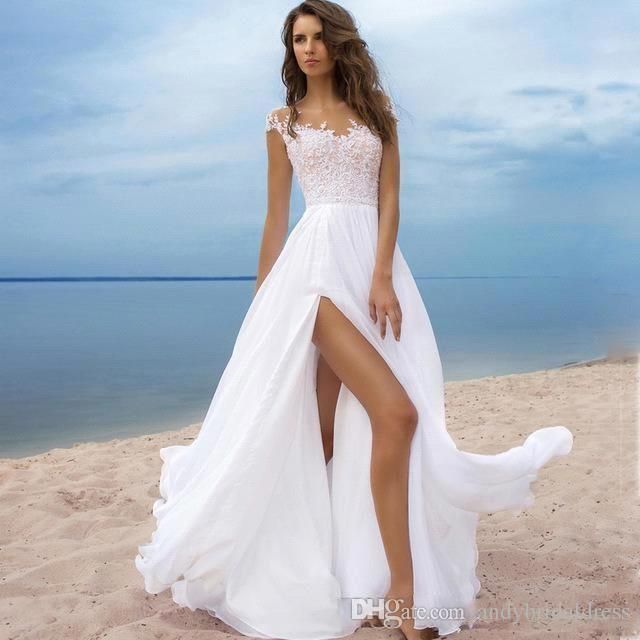 Modest 2018 Beach Wedding Dresses Cheap Lace Cap Sleeves Chiffon
