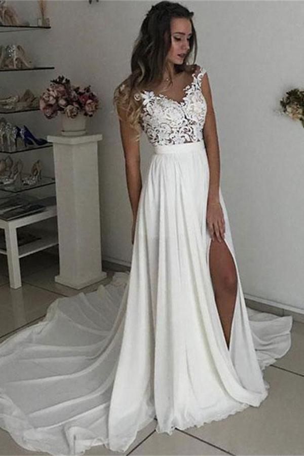 Formal Long Ivory Lace Chiffon Simple Cheap Beach Wedding Dresses