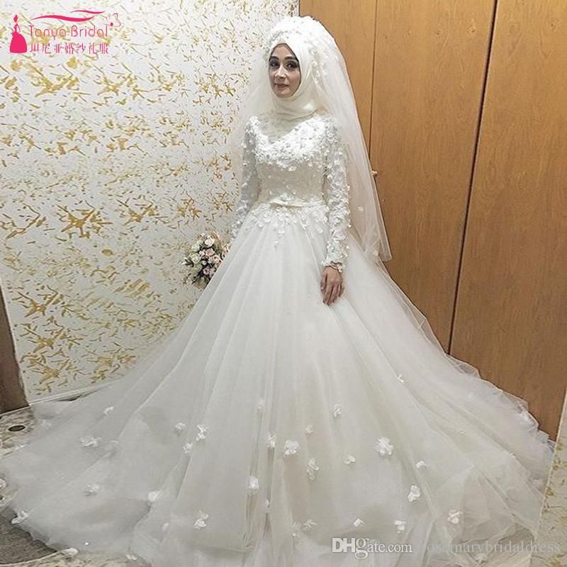 White Tulle Muslim African Wedding Dresses 3d Flower Modern Bridal