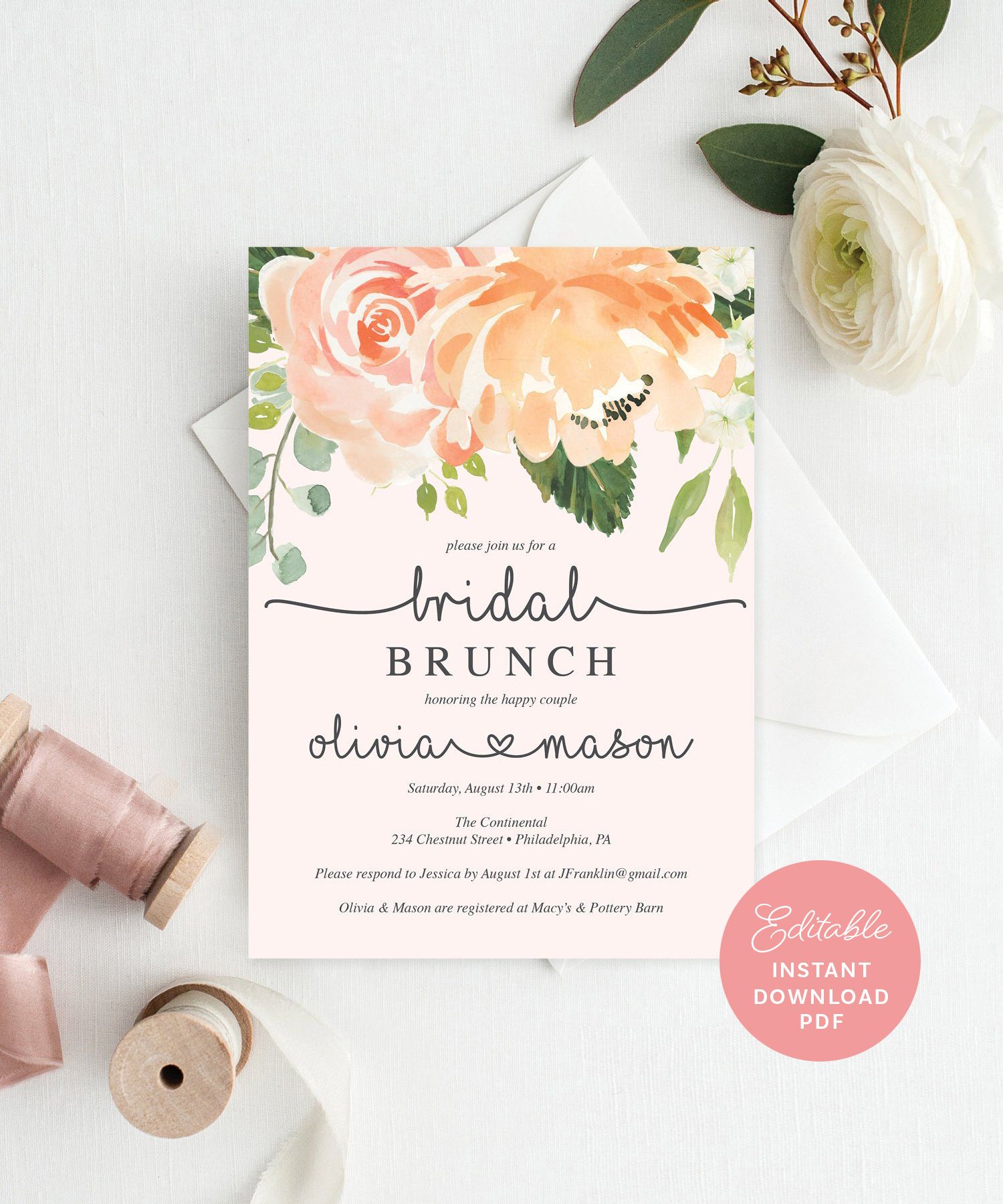 Bridal Brunch Invitation Garden Bridal Shower Instant Download