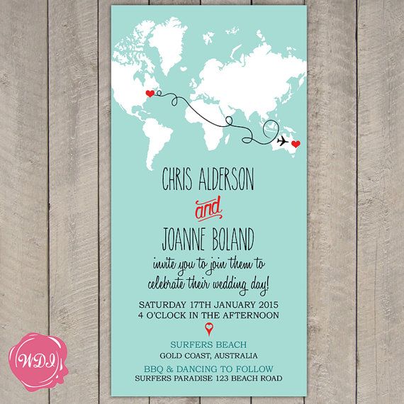 Destination Wedding Invitation Map World Travel Theme