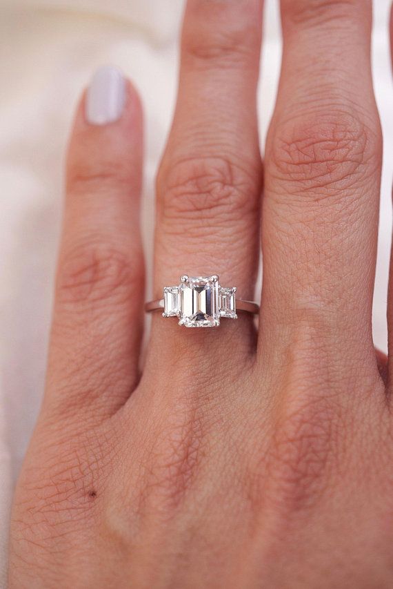 Emerald Diamond Engagement Ring 3 Stone Emerald Shape Diamond