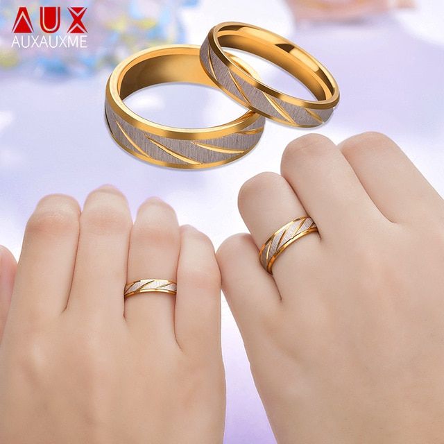 Auxauxme Titanium Steel Lovers Couple Rings Gold Wave Pattern