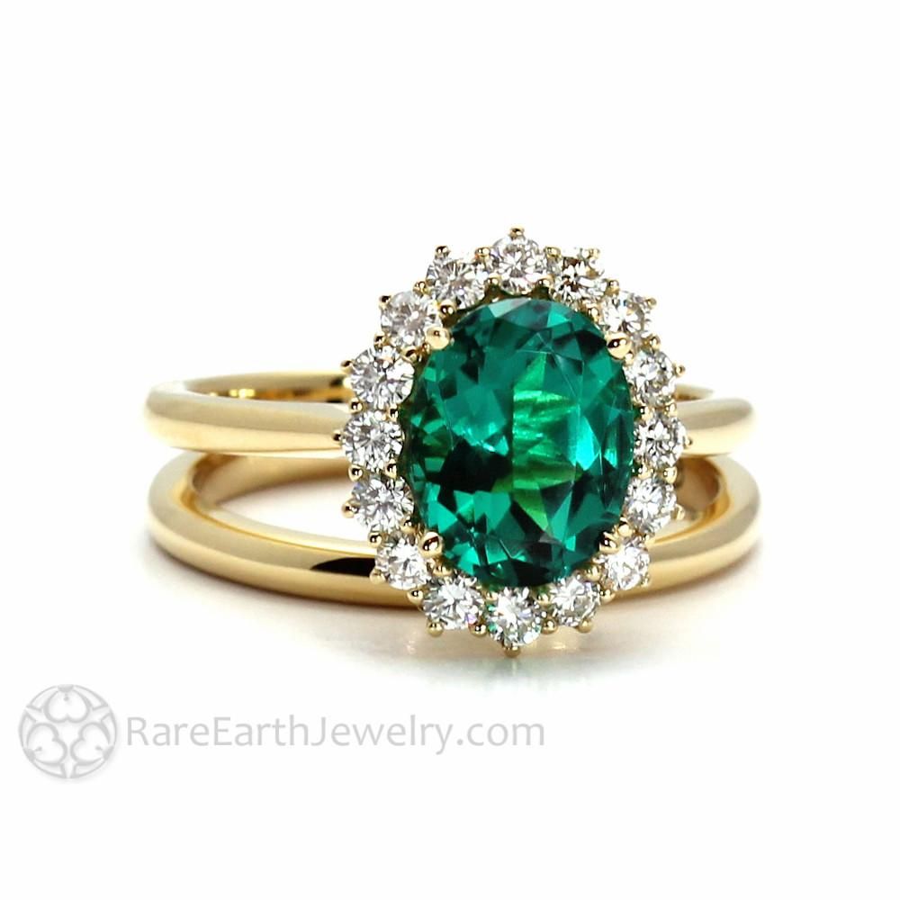 Vintage Emerald Engagement Ring Oval Cluster With Diamonds
