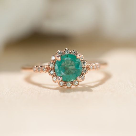 Green Emerald Engagement Ring In 14k White Gold With Diamonds And