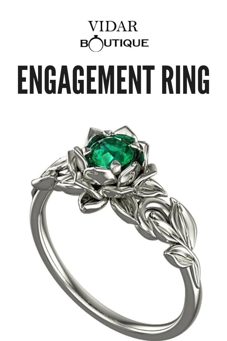Lotus Flower Emerald Engagement Ring Floral Engagement Ring