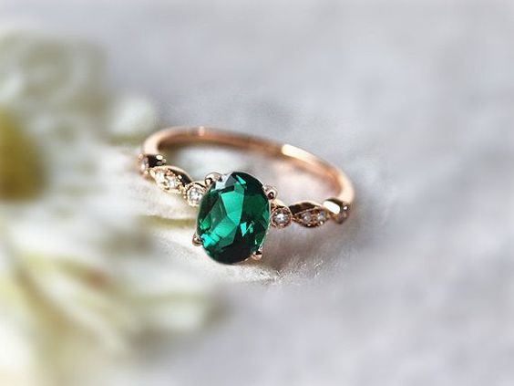 Green Emerald Engagement Ring In 14k White Gold With Diamonds And