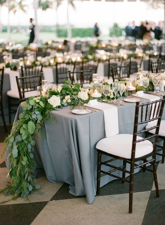 Dusty Blue Linen Color With Greenery And White Flowers Classic