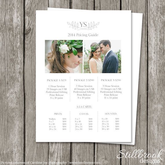 Photography Pricing Sheet Template Price List Guide Wedding