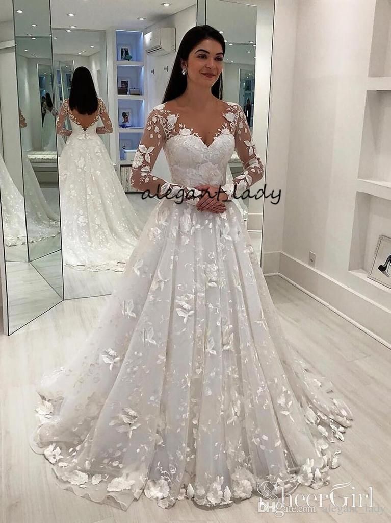 Long Sleeve Vintage Lace Wedding Dresses 2019 Modest V Neck Full