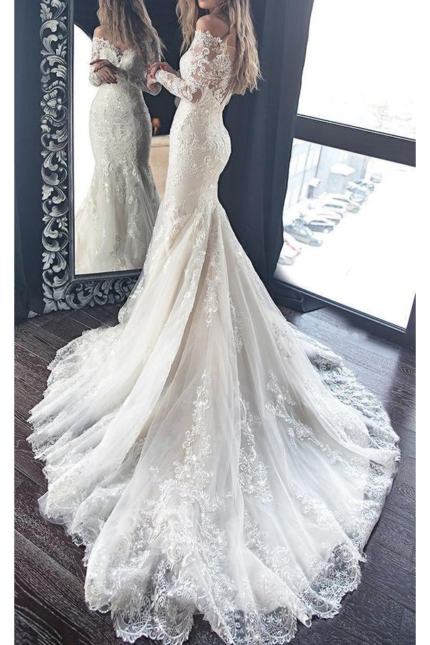 Gorgeous Mermaid Wedding Dress With Long Sleeves Lace Bridal