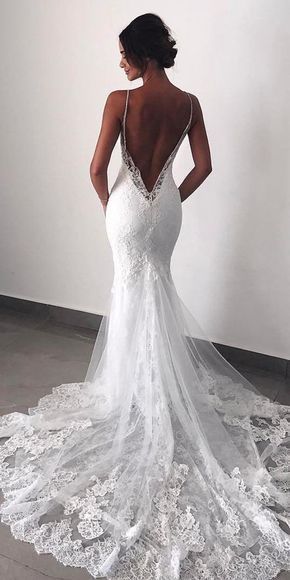 Glamorous Straps V Neck Backless Lace Mermaid Wedding Dresses