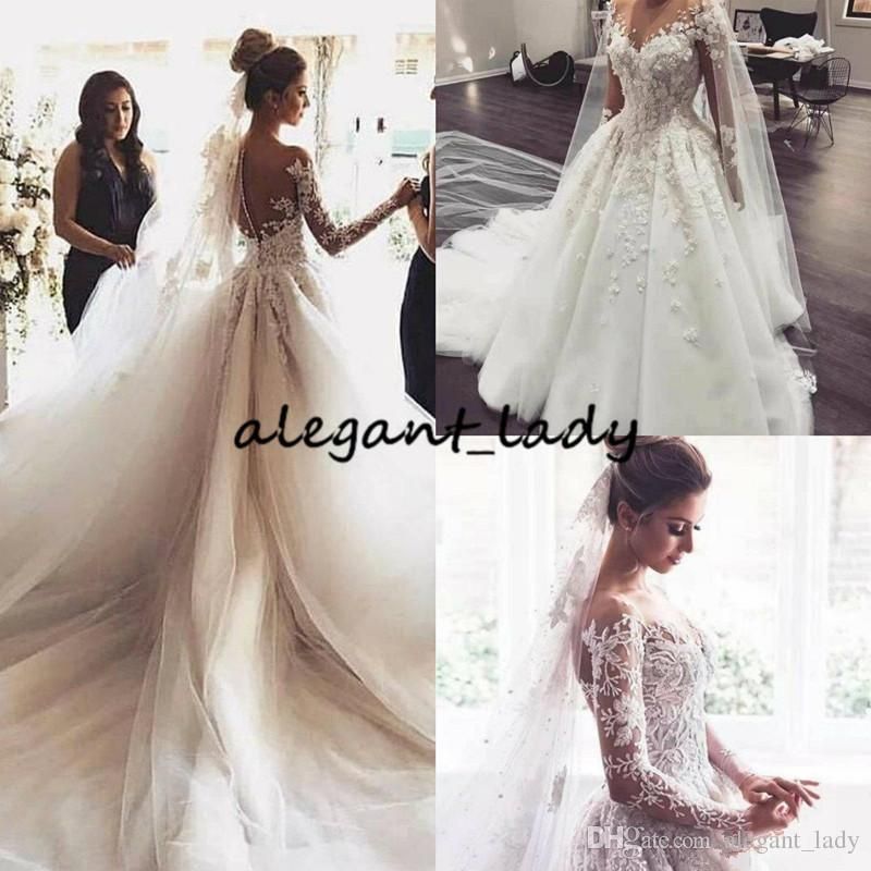 Long Sleeve Ball Gown Wedding Dresses 2019 Sheer Jewel Neck 3d