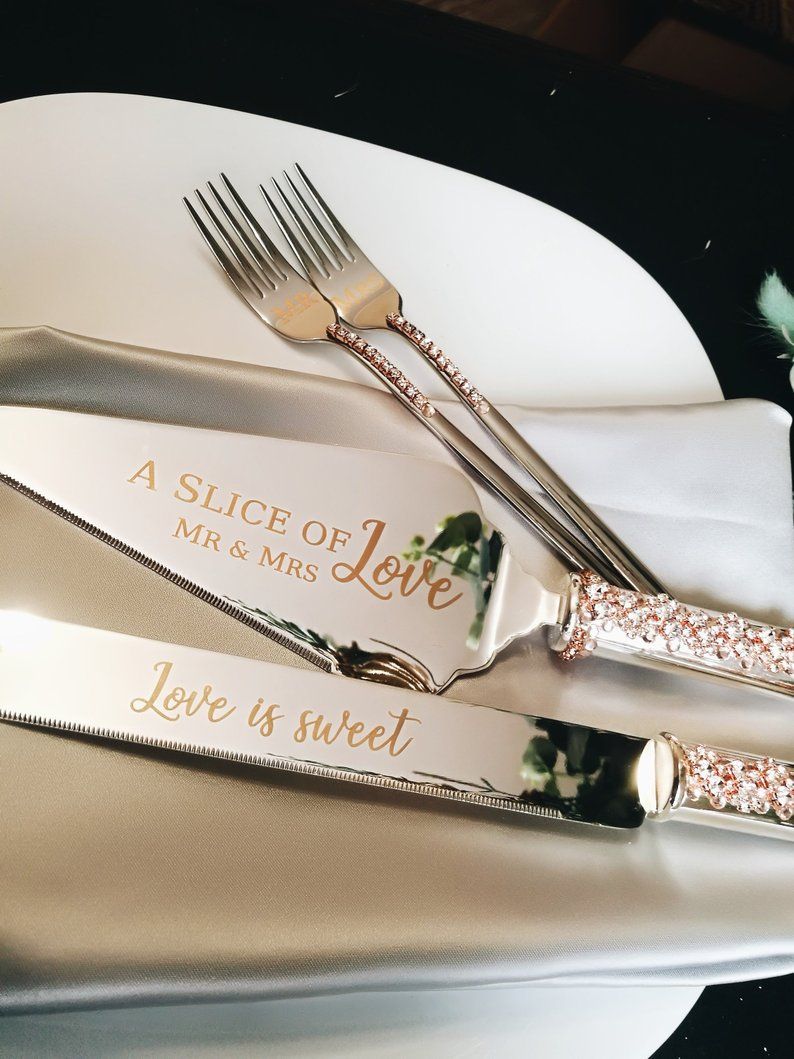 Wedding Cutter Set Cake Server Knife Forks With Engraved Rose Gold