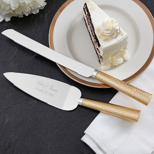 Gold Hammered Engraved Cake Knife Server Set Wedding Cake