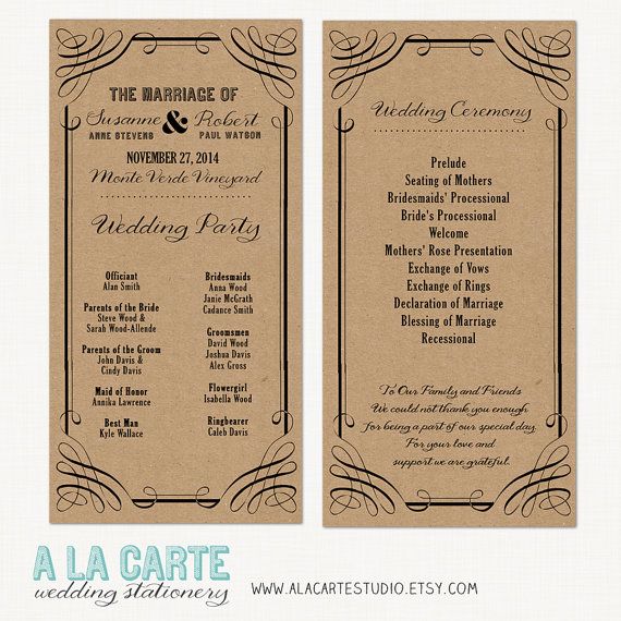 Wedding Ceremony Cards Wedding Program Kraft Style Rustic Wedding Vintage Wedding Wedding Programs Wedding Cards Custom Wedding Invitations