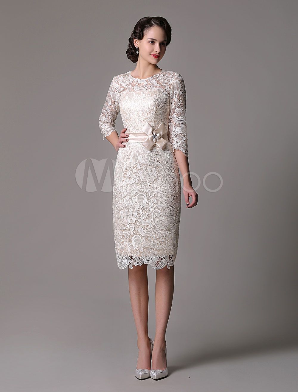 Wedding Guest Dresses Lace Sheath Champagne Cocktail Dress Knee