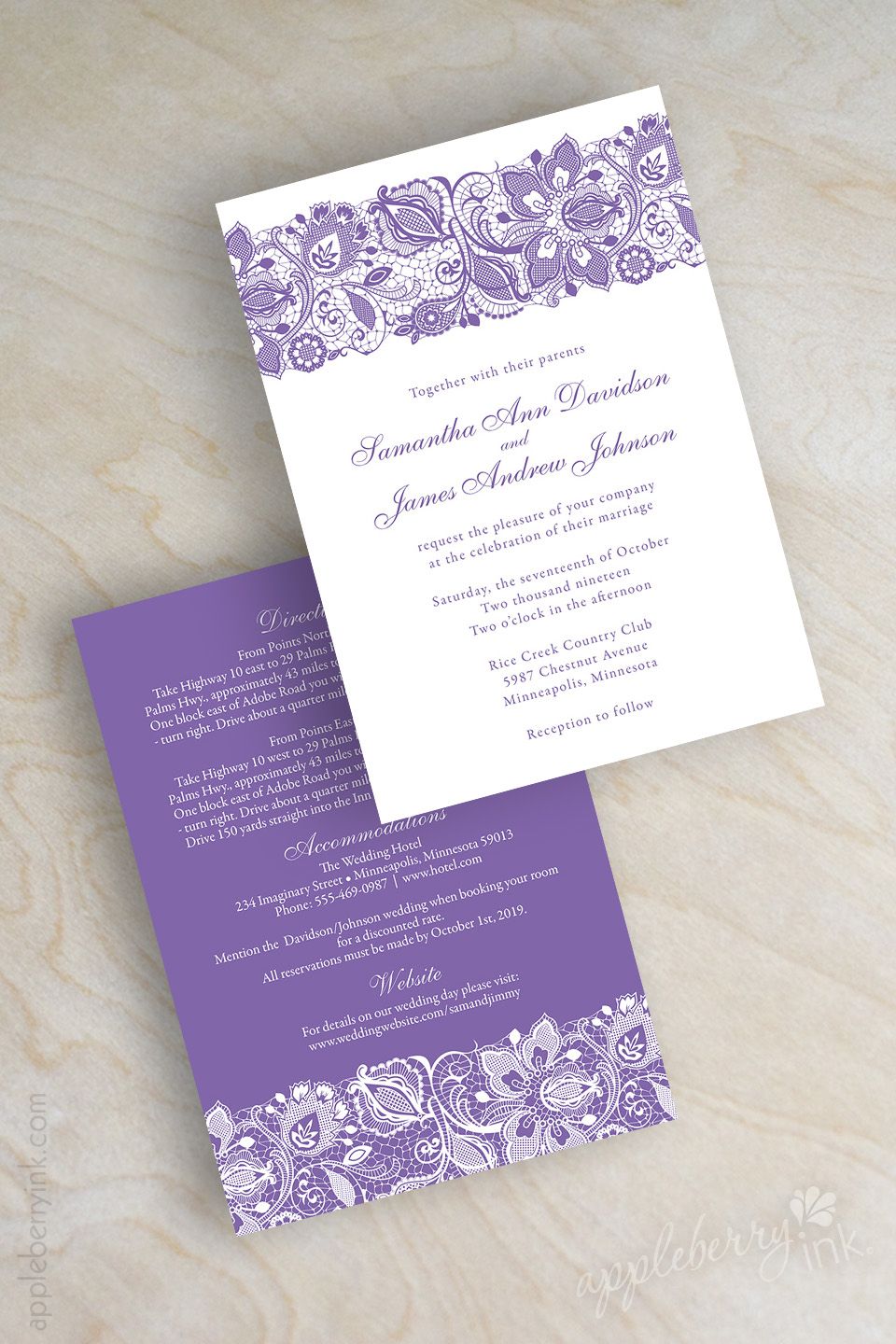 Elegant Lavender And White Lace Wedding Invitations Lilac
