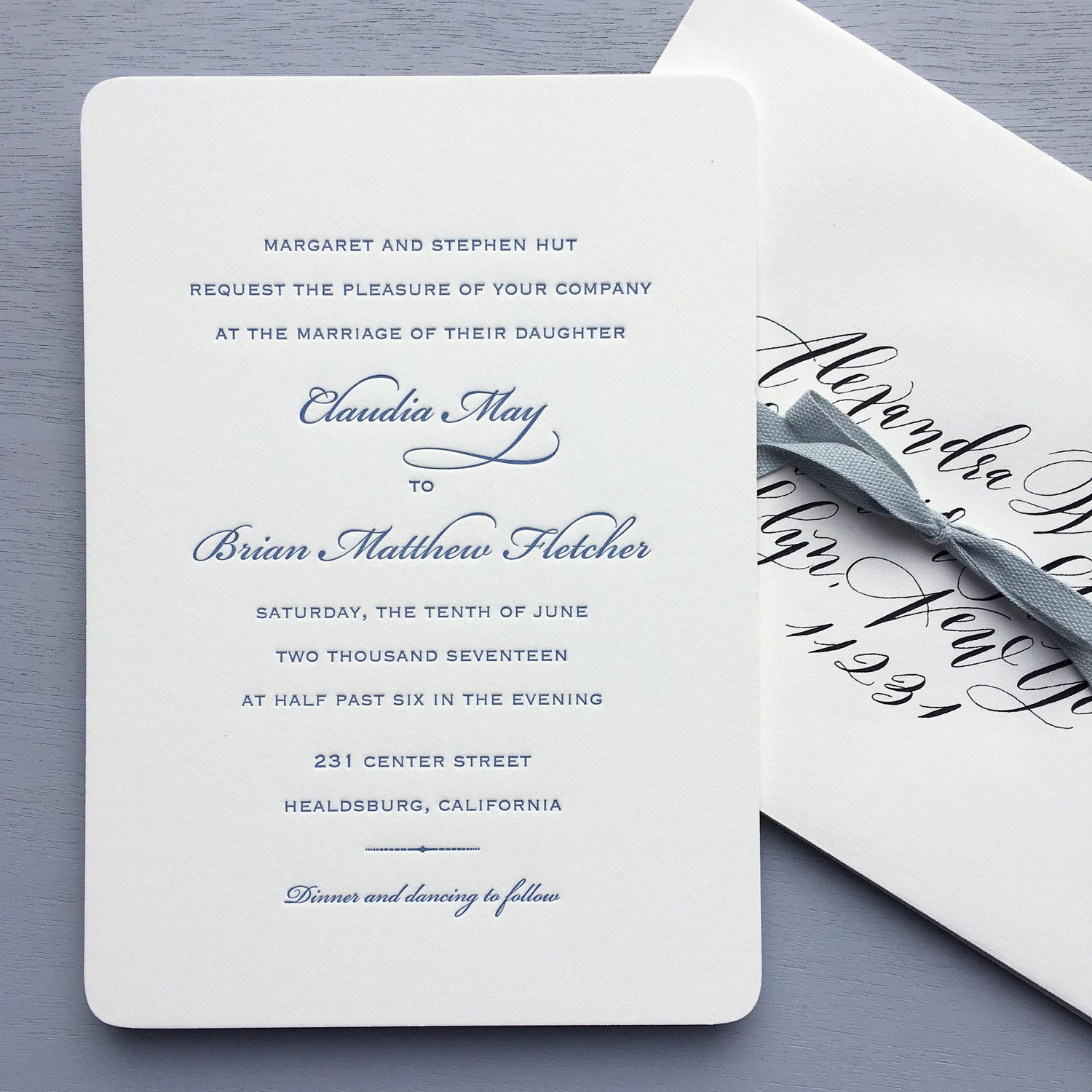 Timeless Letterpress Wedding Invitation Printed In Dusty Blue Ink